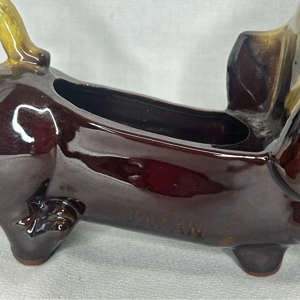 Vintage Dachshund RedWare Planter Dresser Caddy Weiner Dog 8”x5” Pottery
